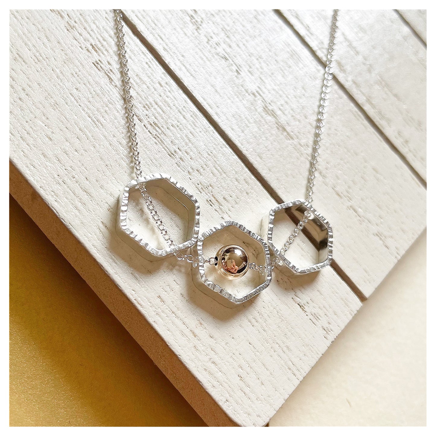 9ct Yellow Gold and Sterling Silver Triple Hexagon Necklace with Bead