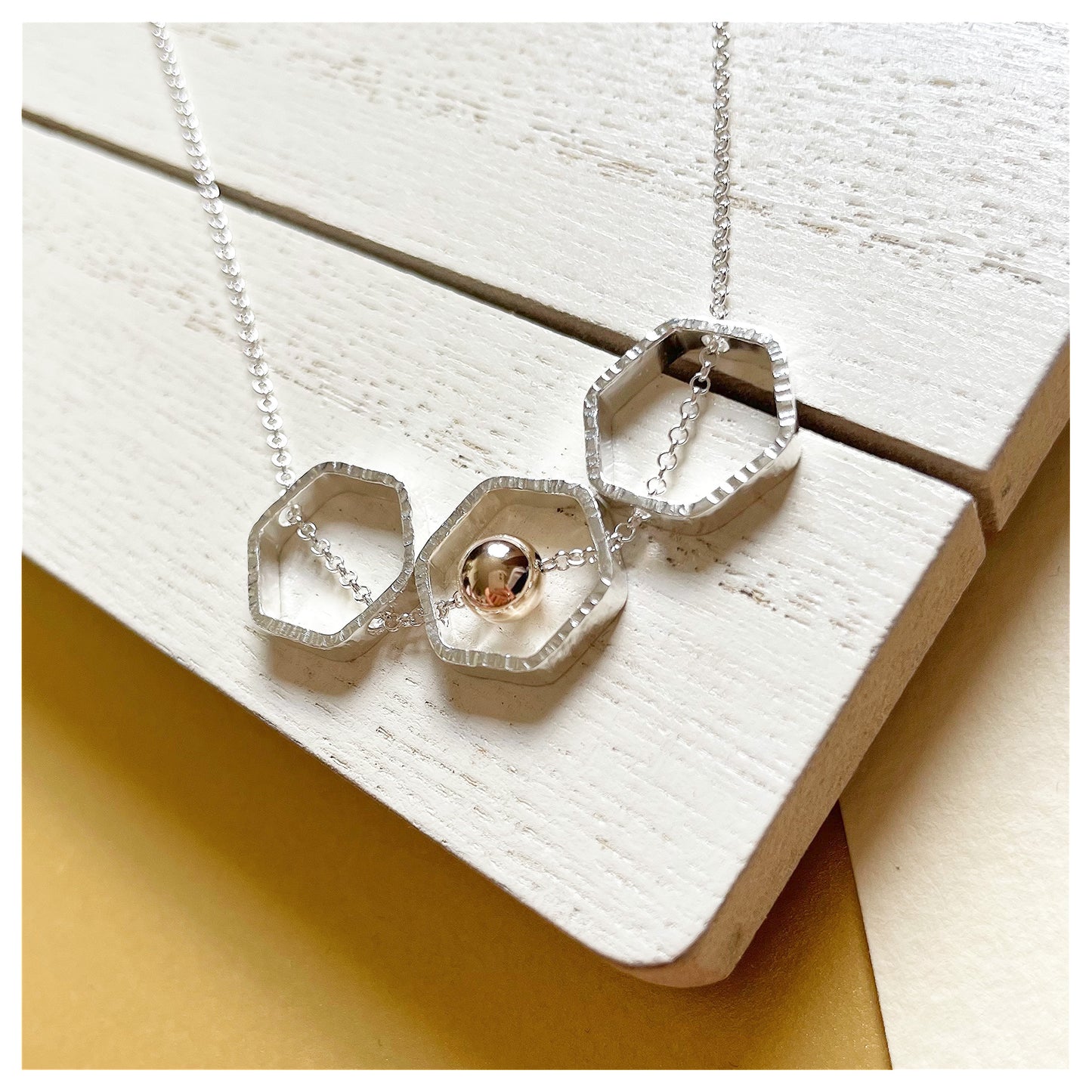 9ct Yellow Gold and Sterling Silver Triple Hexagon Necklace with Bead