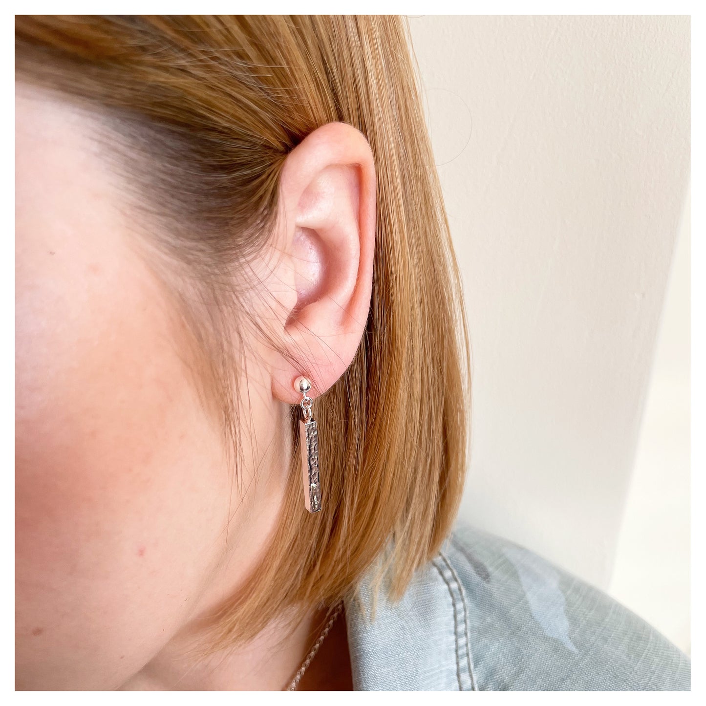 Sterling Silver and 9ct Gold Hammered Bar Drop Stud Earrings