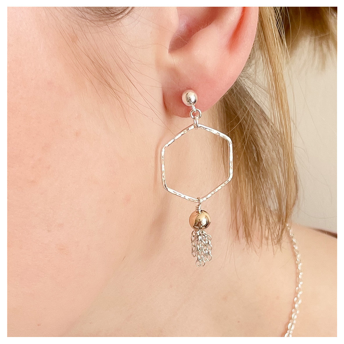 9ct Yellow Gold and Sterling Silver Hammered Hexagon and Large Tassel Drop Stud Earrings.