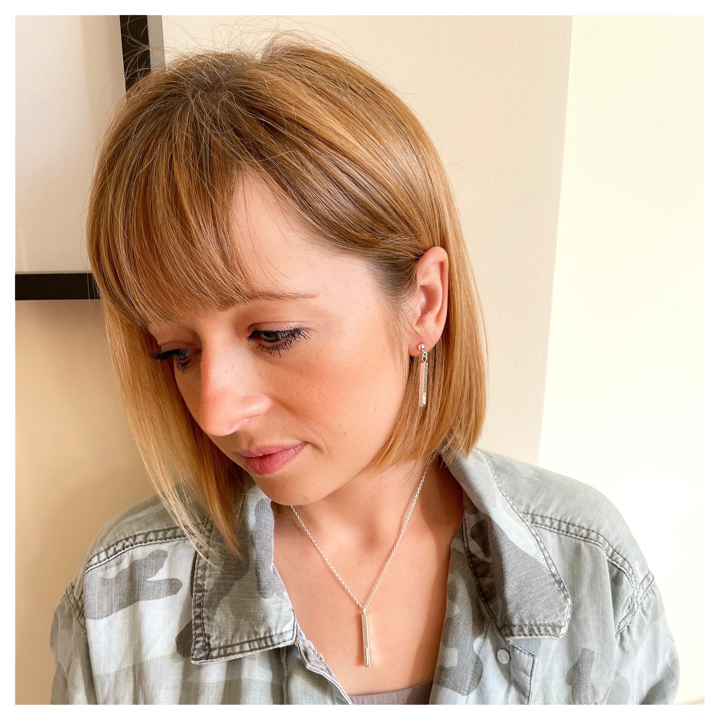 Sterling Silver and 9ct Gold Hammered Bar Drop Stud Earrings