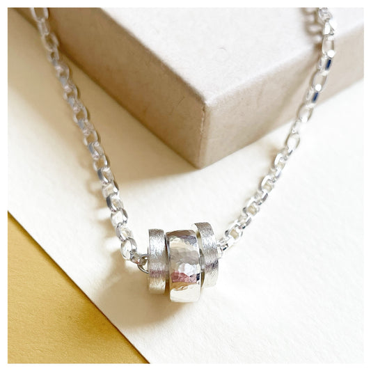 Sterling Silver Textured 3 Donut Necklace