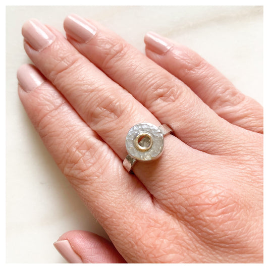 Sterling Silver Hammered Donut Ring With a 9ct yellow Gold Halo