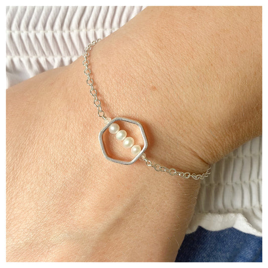 Sterling Silver, Freshwater Pearl and Moonstone Textured Hexagonal Bracelet.