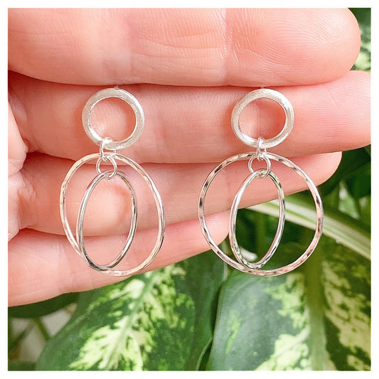 Sterling Silver Hammered Double Drop Circle Earrings