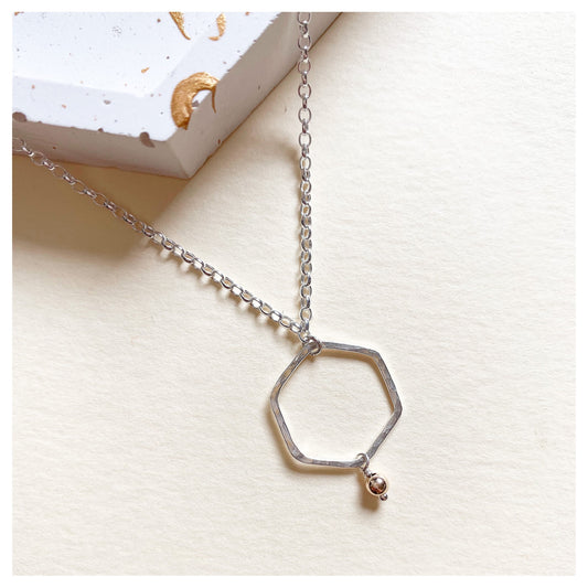 Sterling Silver and 9ct Yellow Gold Bead Hammered Hexagonal Pendant Necklace.