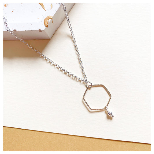 Sterling Silver and 9ct Yellow Gold Hammered Hexagonal Pendant Necklace.