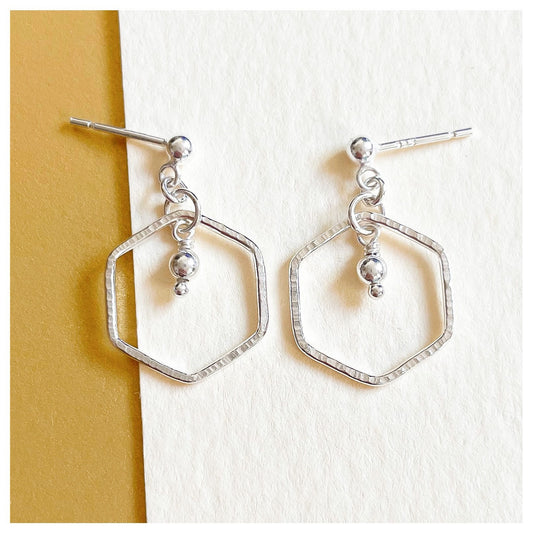 Sterling Silver Hammered Hexagon and Silver Bead Earrings