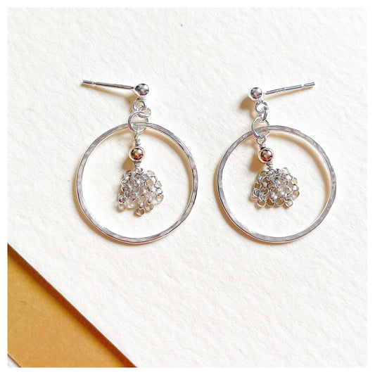 Sterling Silver and 9ct Gold Hammered Circle, Small Tassel Drop Stud earrings.
