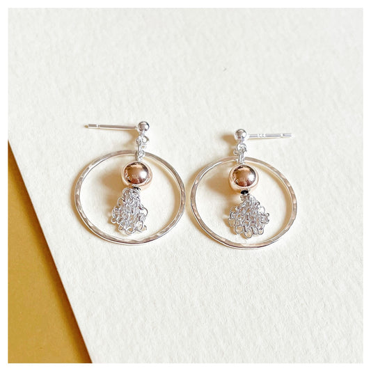 Sterling Silver and 9ct Yellow Gold Hammered Circle and Tassel Drop Stud earrings.