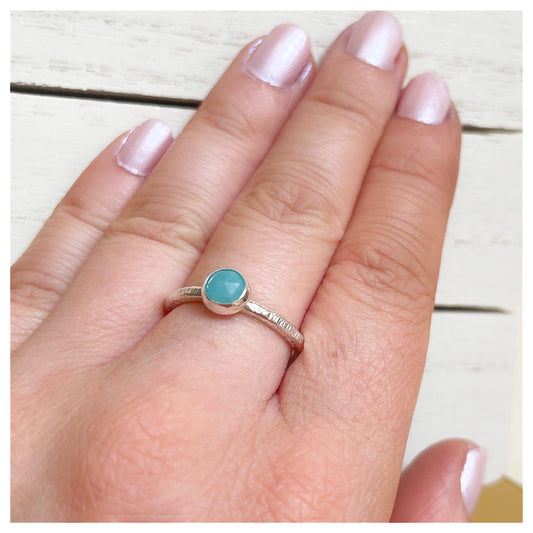 Sterling Silver and Green Amazonite Hammered Band Ring.