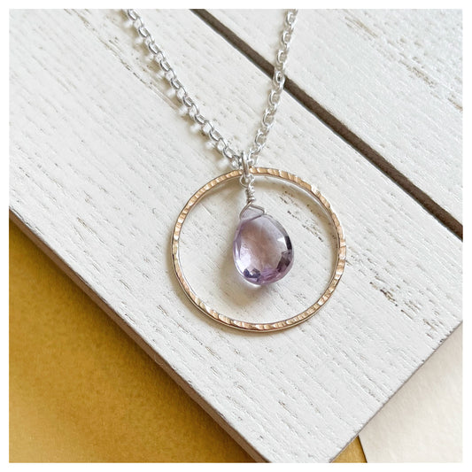 9ct Yellow Gold, Sterling Silver and Lavender Amethyst Briolette Hammered Circle Pendant.