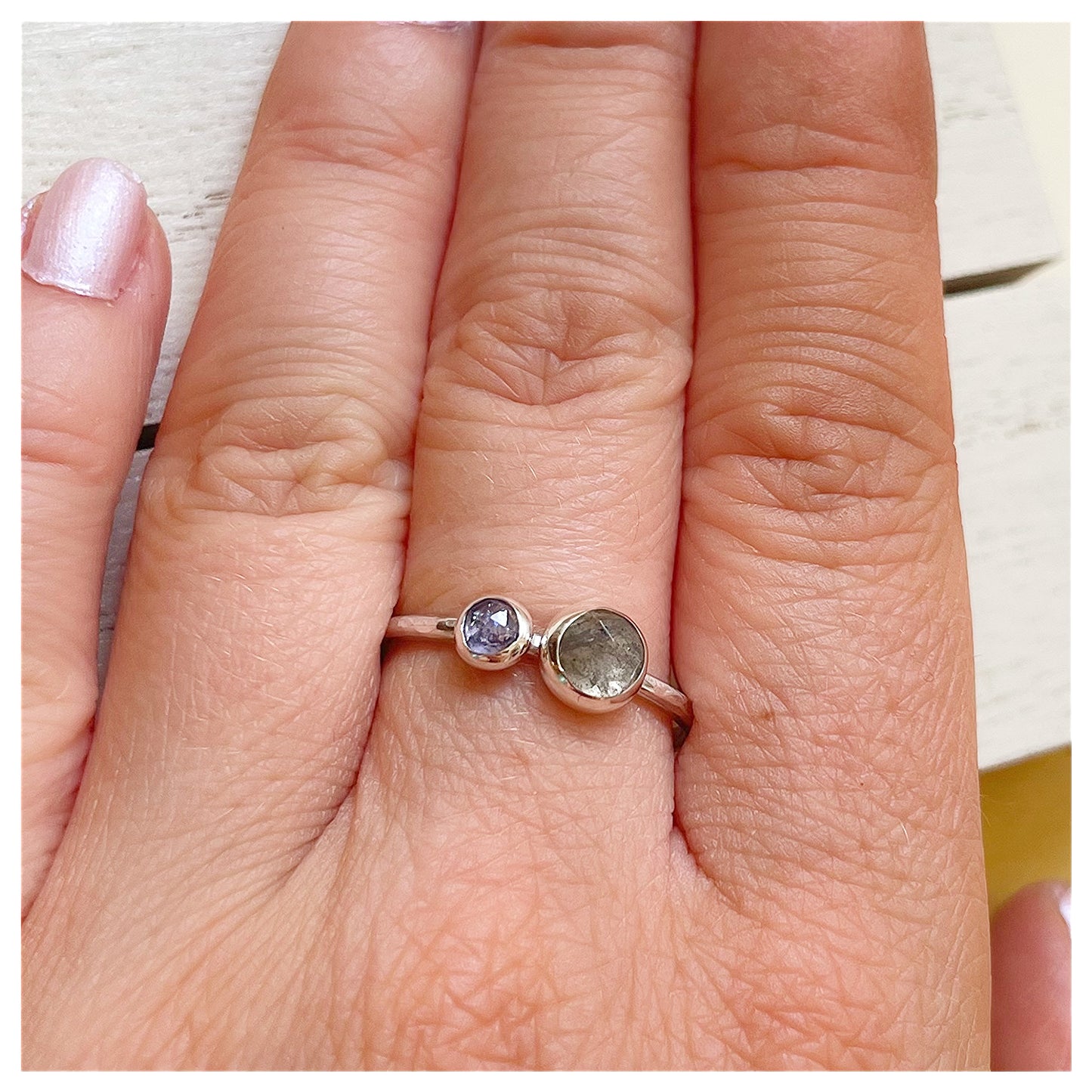 Sterling Silver, Labradorite and Tanzanite Hammered Band Ring.