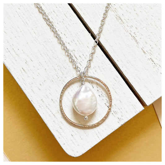 9ct Yellow Gold, Sterling Silver and Large Baroque Freshwater Pearl Hammered Circle Pendant.