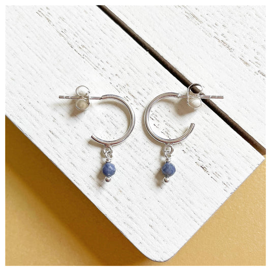 Sterling Silver and Blue Sapphire Small Half Hoop Earrings.