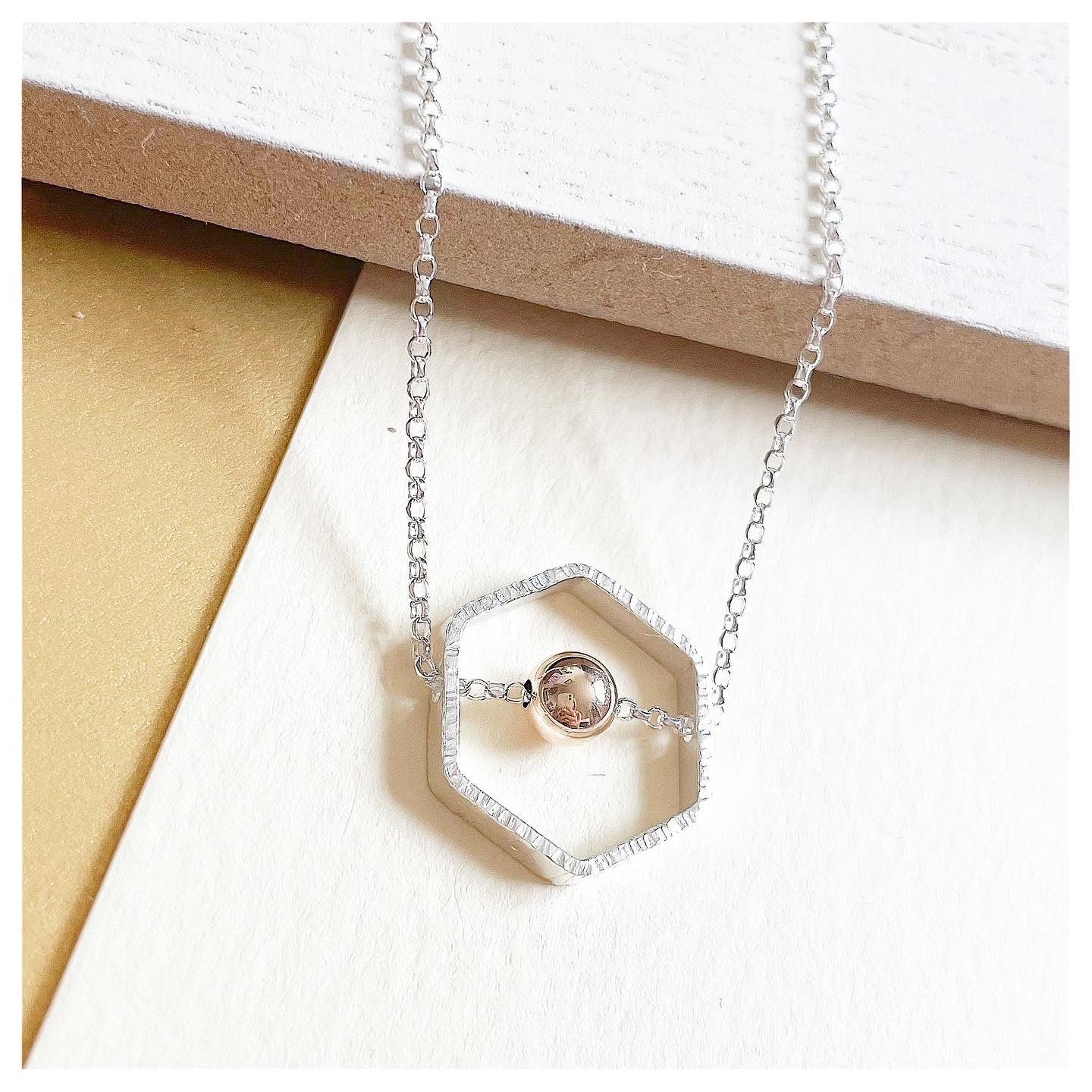 9ct Yellow Gold and Sterling Silver Hexagonal Necklace with Bead