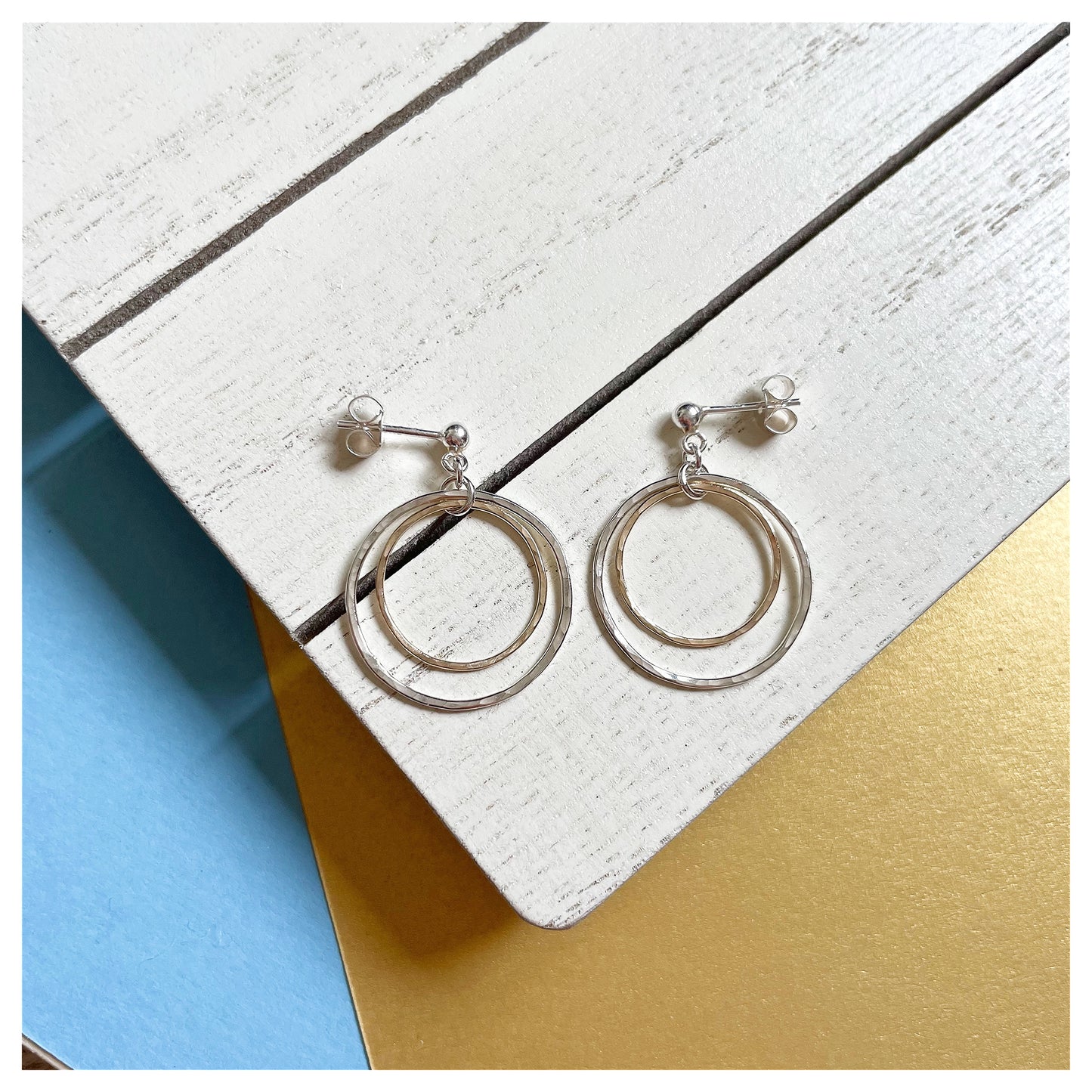 Sterling Silver and 9ct Gold Hammered Double Circle Drop Stud earrings.