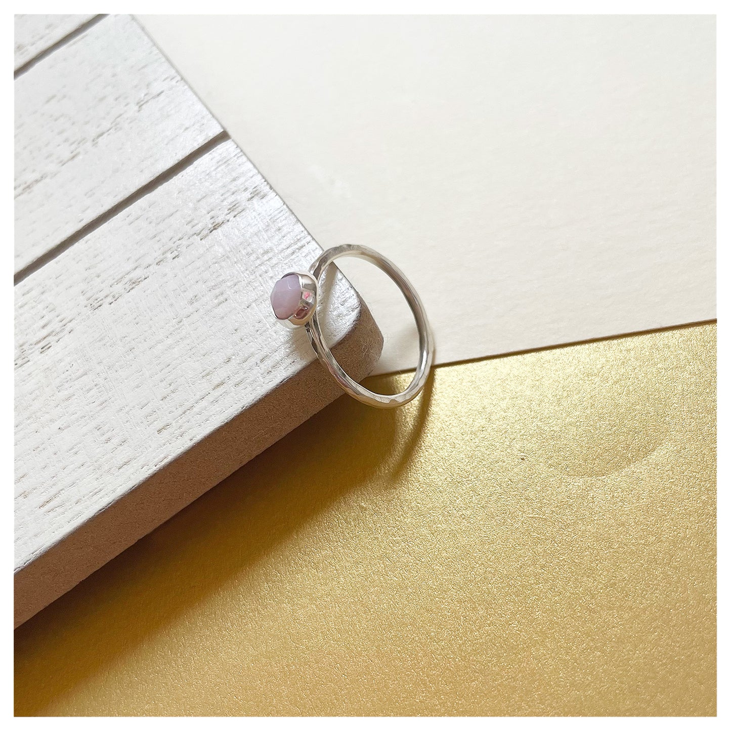 Sterling Silver and Pink Opal Hammered Band Ring.