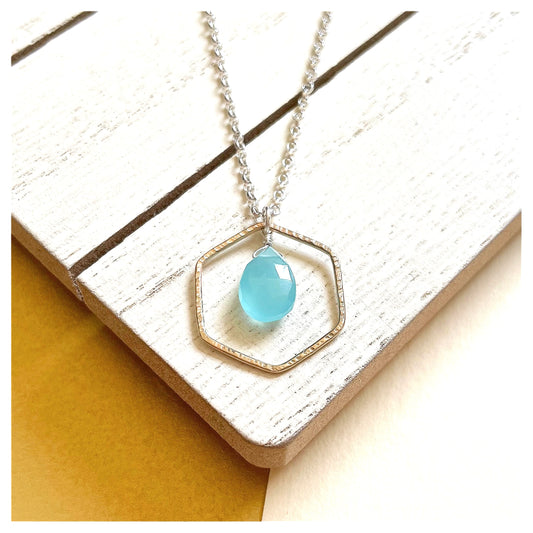 9ct Yellow Gold Hammered Hexagon, Sterling Silver and Aqua Chalcedony Briolette Necklace.