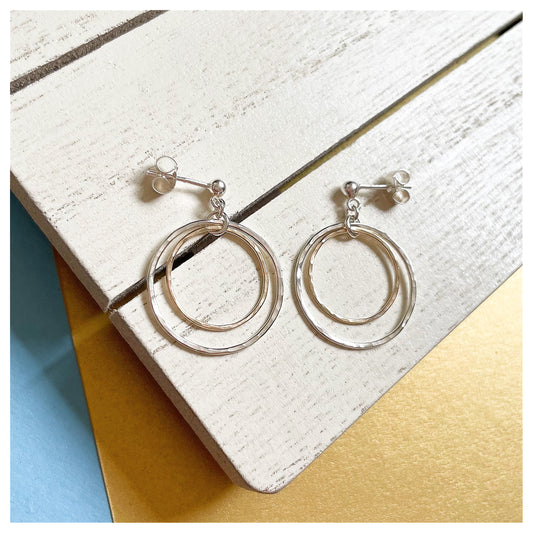 Sterling Silver and 9ct Gold Hammered Double Circle Drop Stud earrings.