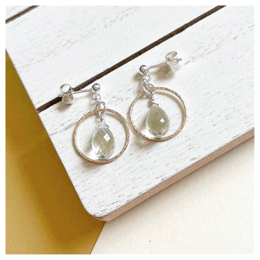 Mini 9ct Yellow Gold Hammered Circle, Sterling Silver and Green Amethyst Drop earrings