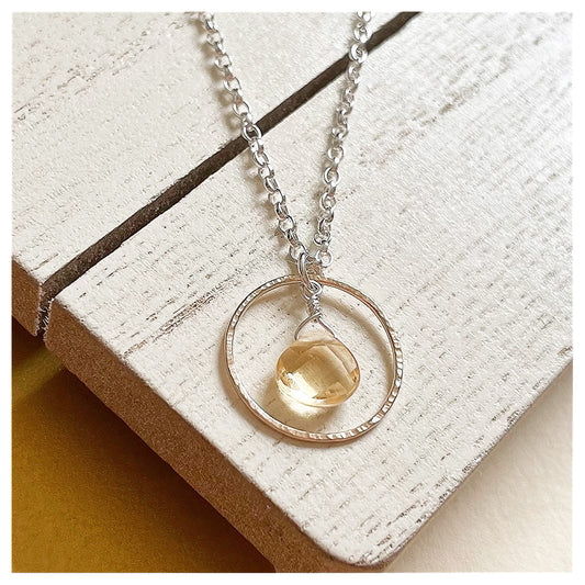 Mini 9ct Yellow Gold Hammered Circle, Sterling Silver and Citrine Briolette Necklace.