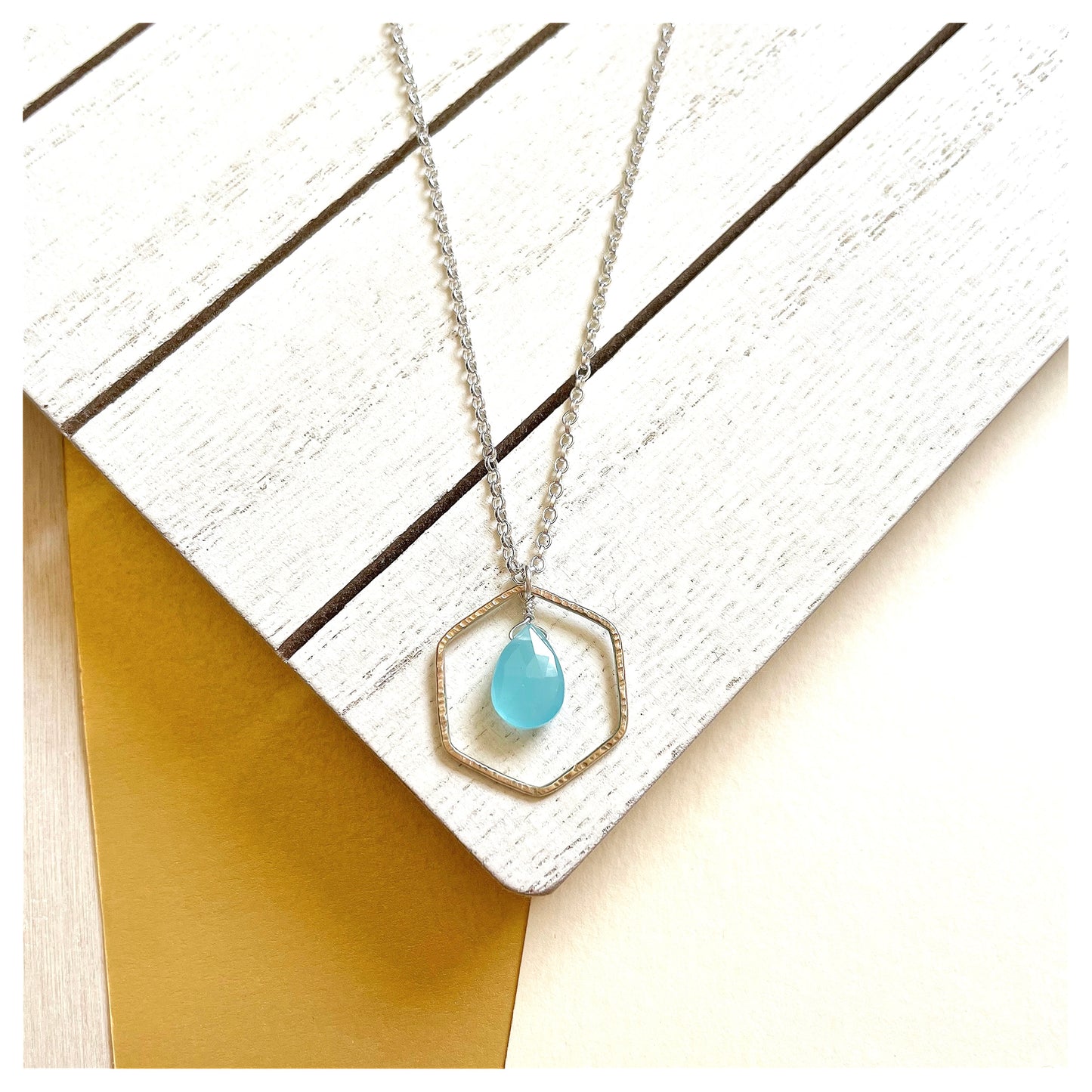 9ct Yellow Gold Hammered Hexagon, Sterling Silver and Aqua Chalcedony Briolette Necklace.