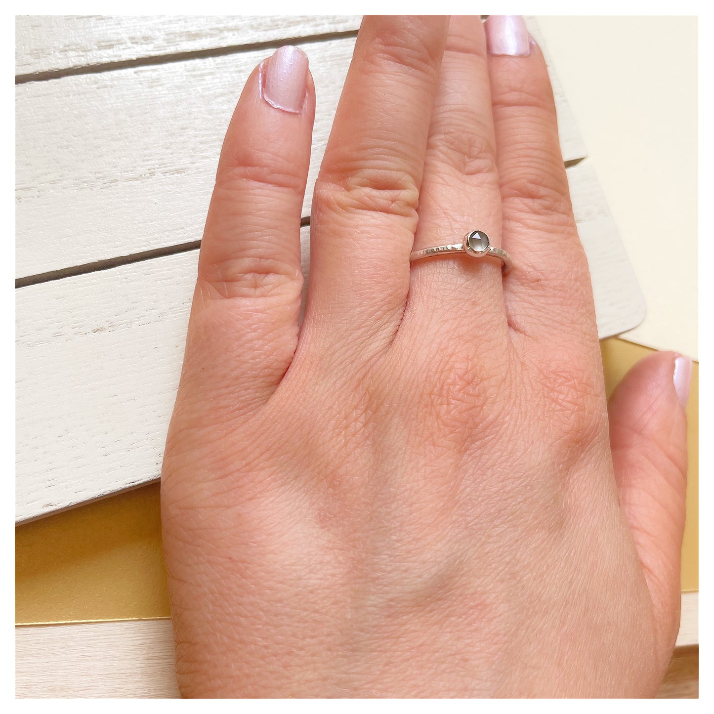 Sterling Silver and Grey Moonstone Hammered Band Ring.