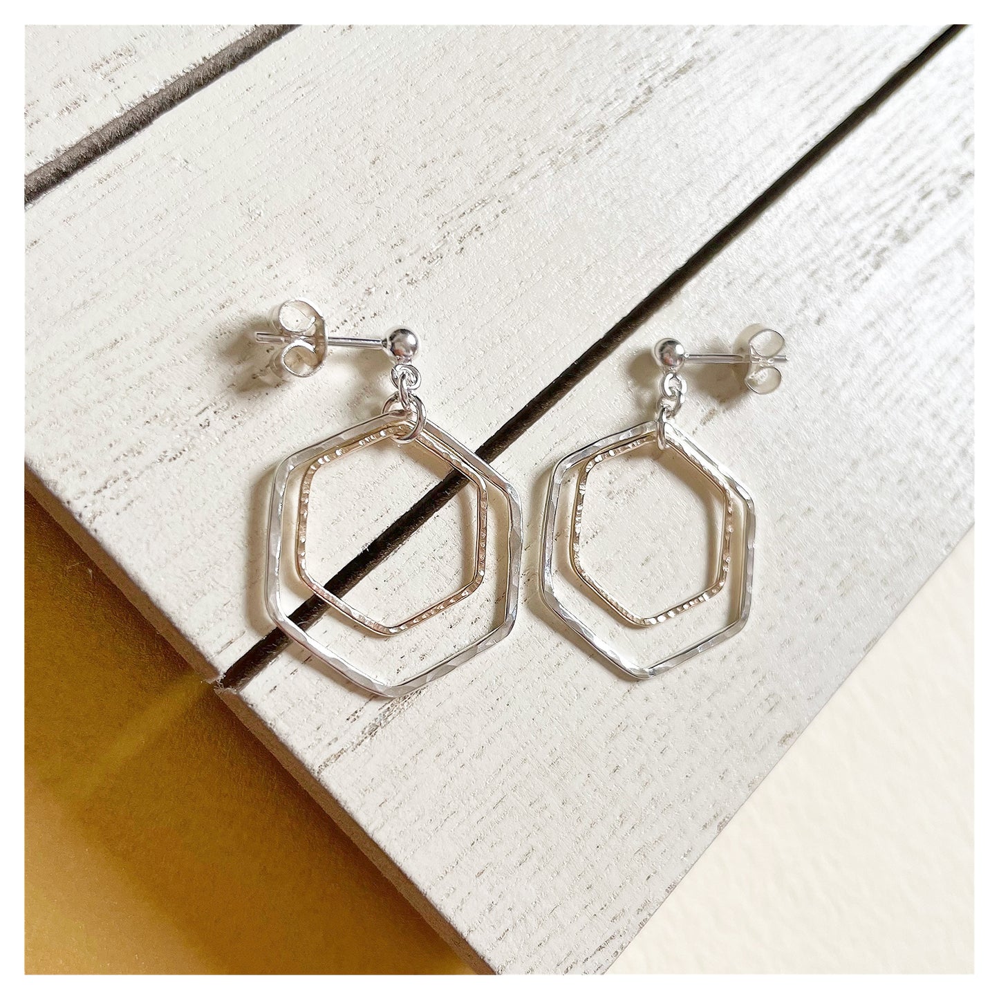 Sterling Silver and 9ct Gold Hammered Double Hexagon Drop Stud earrings.