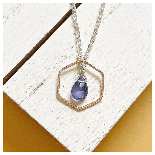 Mini 9ct Yellow Gold Hammered Hexagon, Sterling Silver and Iolite Briolette Necklace