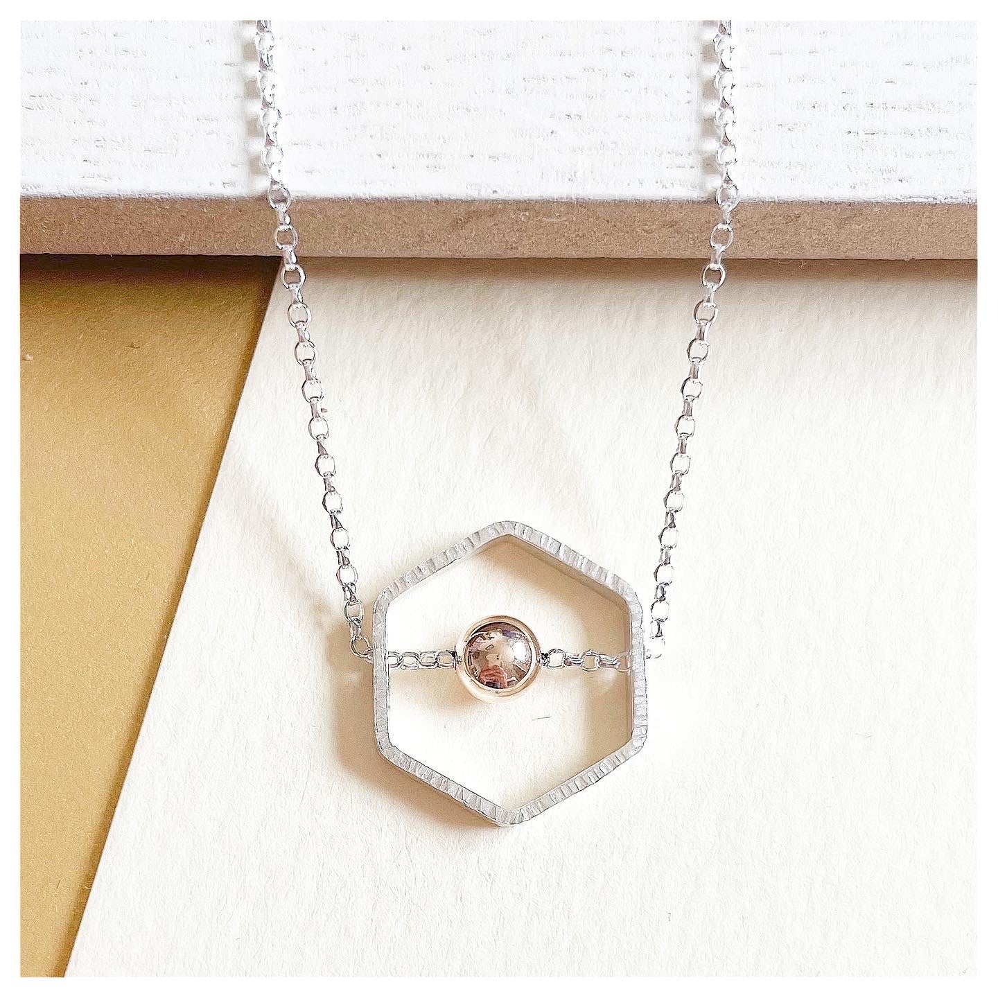 9ct Yellow Gold and Sterling Silver Hexagonal Necklace with Bead