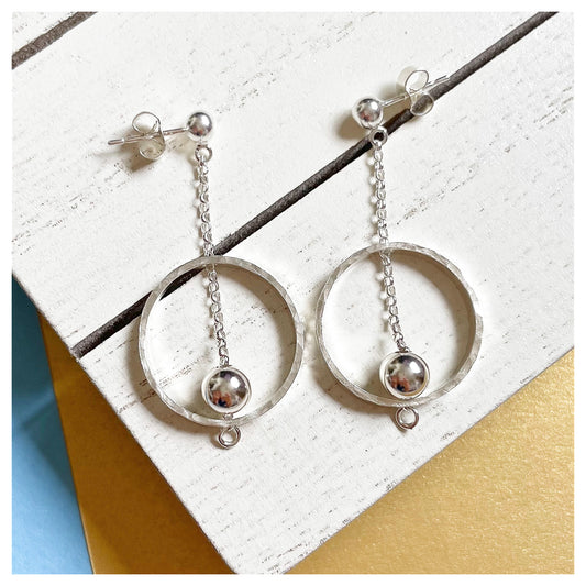 Sterling Silver Circular Chain Drop Earrrings with Bead