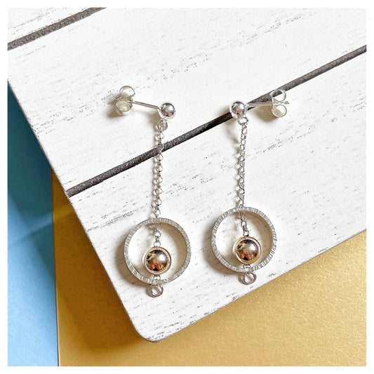 Sterling Silver and 9ct Gold Circular Chain Drop Earrrings with Bead