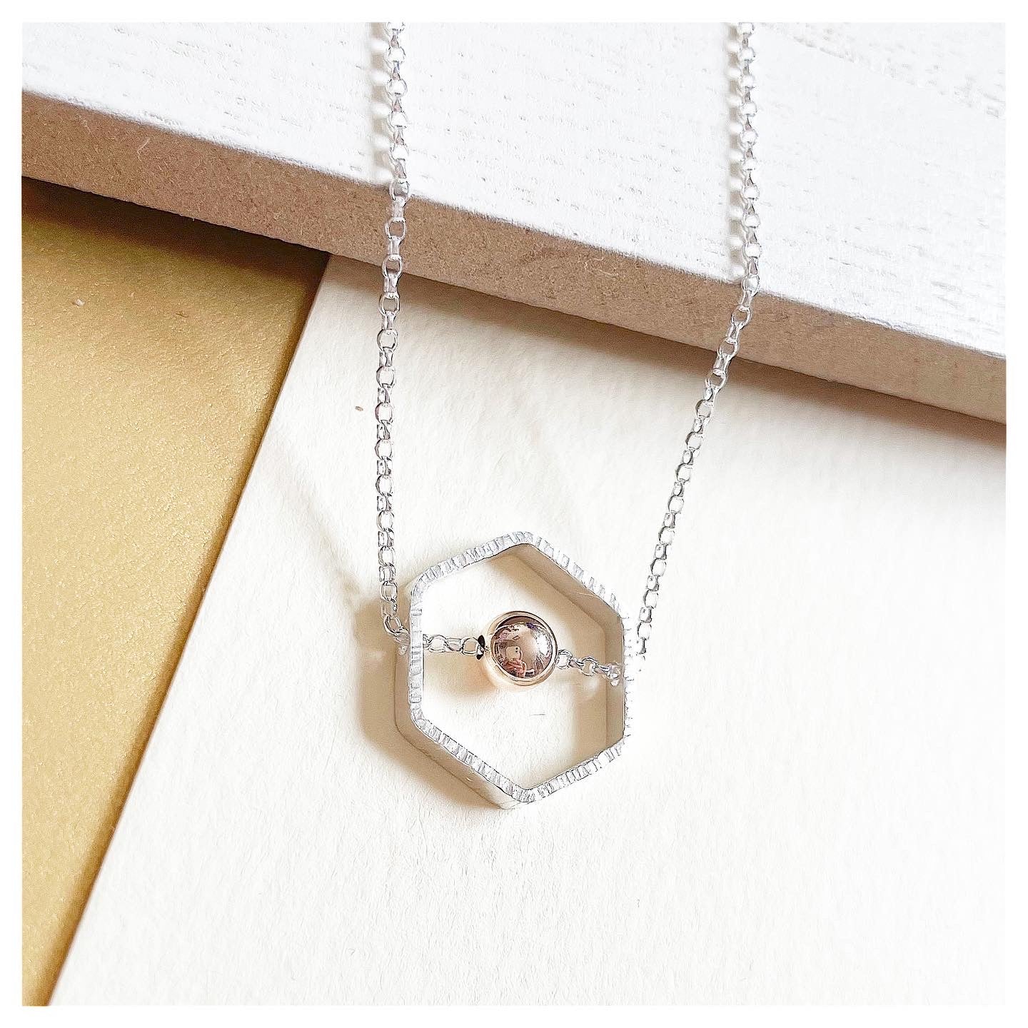 9ct Yellow Gold and Sterling Silver Hexagonal Necklace with Bead
