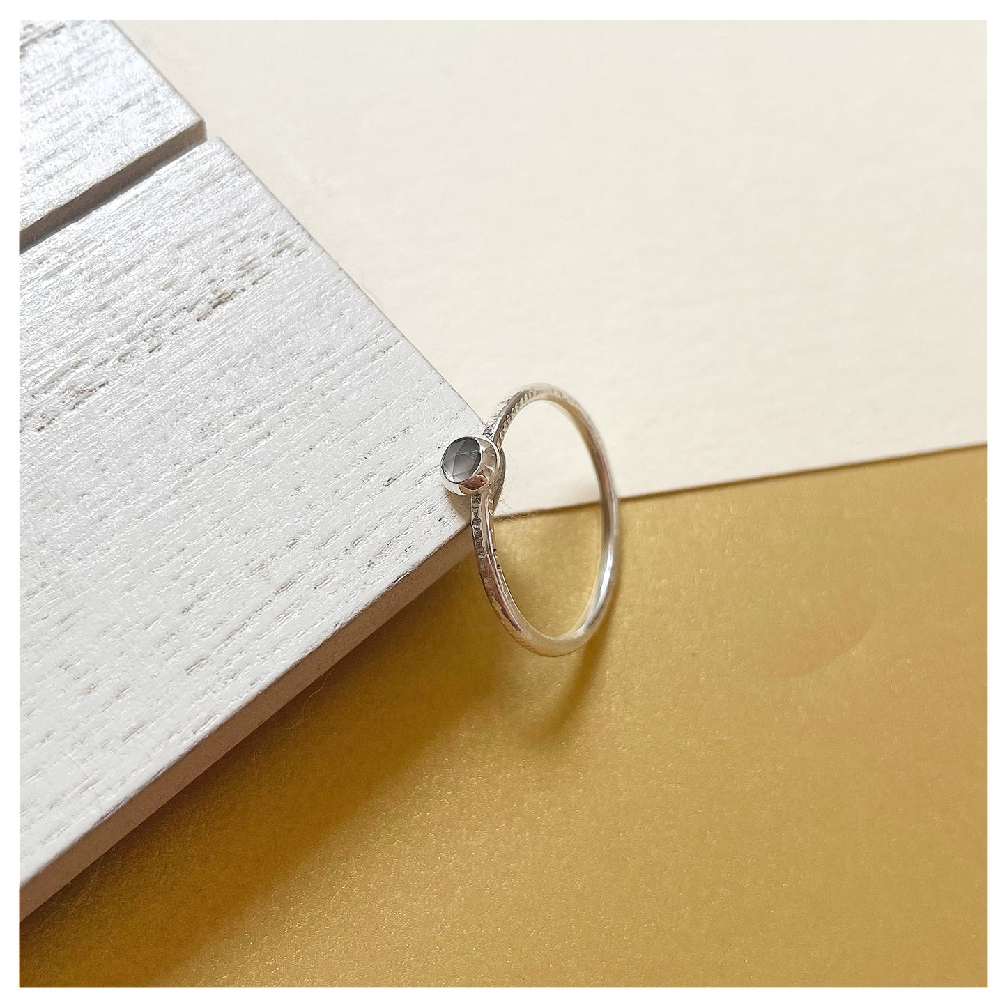 Sterling Silver and Grey Moonstone Hammered Band Ring.