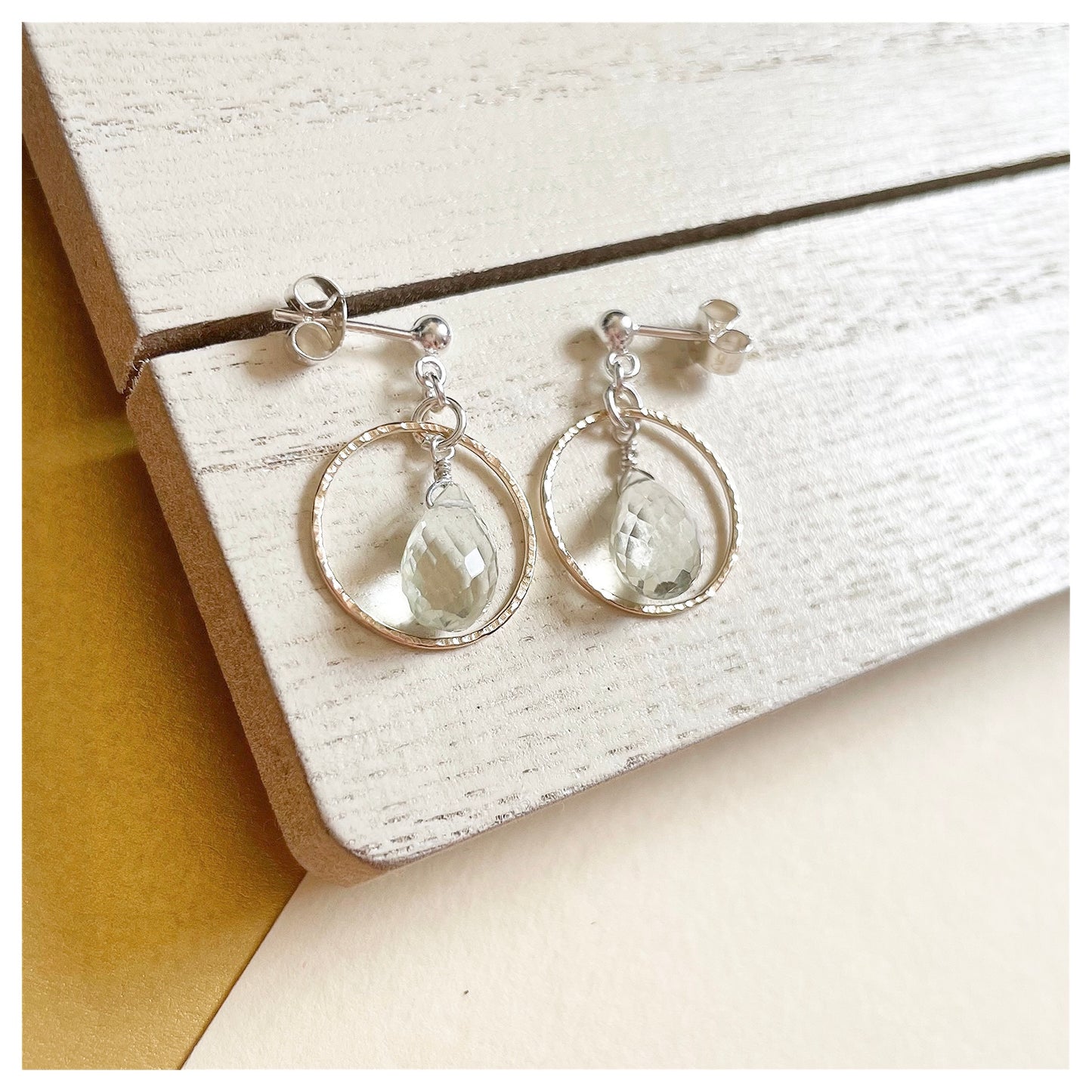 Mini 9ct Yellow Gold Hammered Circle, Sterling Silver and Green Amethyst Drop earrings