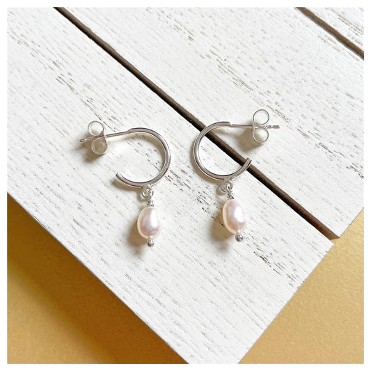 Sterling Silver and Freshwater Pearl Small Half Hoop Earrings.