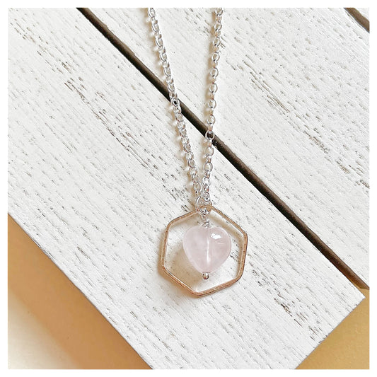 Mini 9ct Yellow Gold Hammered Hexagon, Sterling Silver and Rose Quartz Heart Necklace